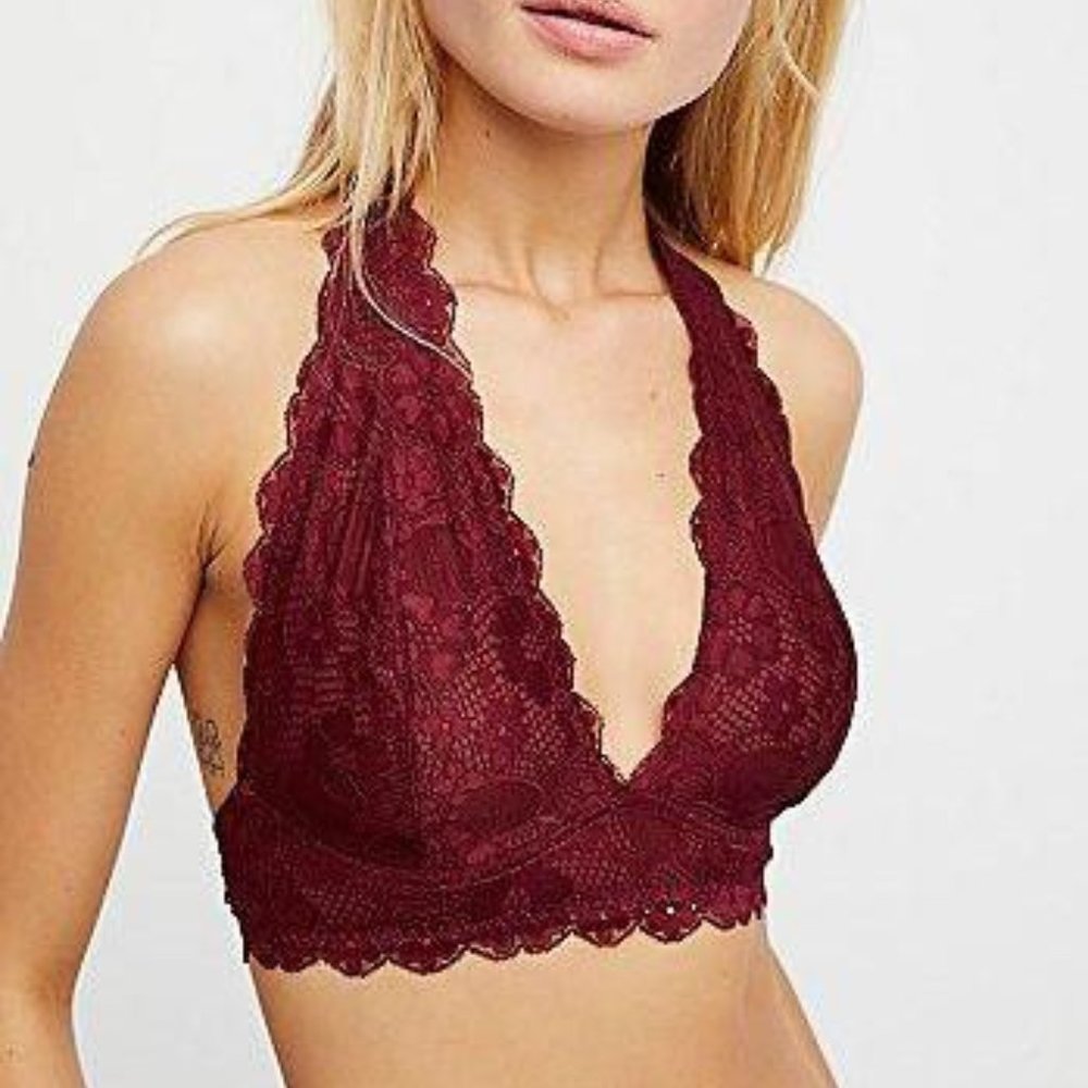 Free People Burgundy Lace Halter Bra Size Small
